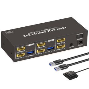 USB3.0 KVM Switch 2 Computers 2 Monitors 4K 60Hz HDMI USB KVM Switcher Dual Monitor HDMI 2 in 2 Out, Dual HDMI with 4USB Ports to Share Keyboard Mouse Printer and More Supports Extended/Copy Mode