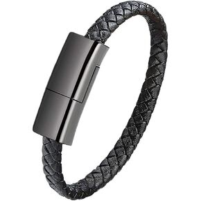 GVUSMIL USB Leather Charging Braided Bracelets for iPhone, Hematite Metal and Black Leather