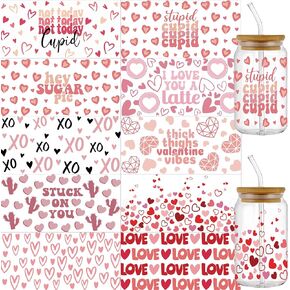 10 Sheets Valentine UV DTF Wrap Transfer for 16oz Glass Cups, Valentine Decal for Party Decoration, Waterproof Rub On Decal for Cups Tumblers, Valentine Gifts for Kids Teens Adults