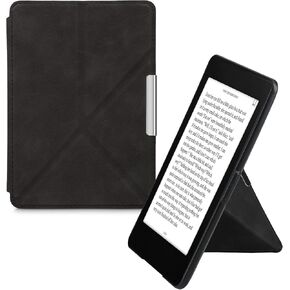 kwmobile Origami Case Compatible with Amazon Kindle Paperwhite - Faux Nubuck Leather Cover with Magnet and Stand - Black