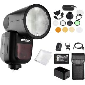 Godox V1 V1N V1-N Camera Flash,for Nikon Cameras,W/AK-R1 Kit,76Ws 2.4G TTL Round Head Flash, 1/8000 HSS, 480 Full Power Shots, 1.5s Recycle Time, 2600mAh Lithium Battery, 10 Level LED Modeling Lamp