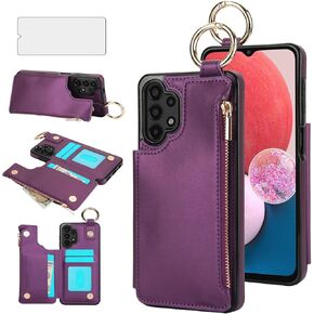 Asuwish Phone Case for Samsung Galaxy A13 4G/5G with Tempered Glass Screen Protector Cover and Cell Stand Zipper RFID Card Holder Kickstand Ring Wallet A04s M13 G5 A 13 LTE 13A 2022 Women Dark Purple