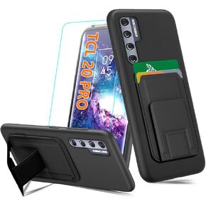 Compatible for TCL 20 Pro 5G Phone Case with Tempered Glass Screen Protector, Folding Kickstand/Stand Wallet Case Card Holder/ Slots Silicone TPU Protective Cover Case for TCL 20 Pro 5G - Black