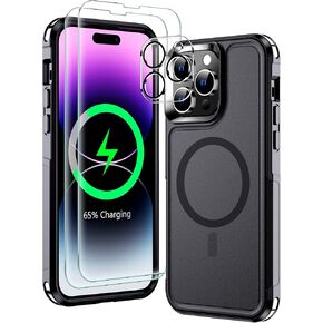 MOZOTER Magnetic for iPhone 14 Pro Max Phone Case [Compatible with Magsafe][Military Grade Drop Protection][Glass Screen Protector+Camera Lens Protector] Heavy Duty Shockproof Case 6.7 Inch-Black