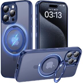 TAURI 360°Rotatable Magnetic Ring for iPhone 15 Pro Max Case Blue, [Designed for Magsafe] with Stand & Ring Holder, Translucent Matte Phone Case