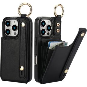 Folosu for iPhone 16 Pro Wallet Case with Card Holder, Hand Wrist Strap Loop Holder Kickstand, RFID Blocking Finger Grip Ring PU Leather Double Buttons Shockproof Cover 6.3 Inch Red