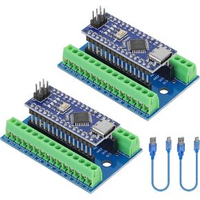 2pcs Nano V3.0 Board ATMEGA328P MCU CH340G Chip Microcontroller Type-C Port with USB Cable + Nano V3.0 Expansion Board Nano IO Shield V1.O Terminal Adapter Compatible with Arduino IDE