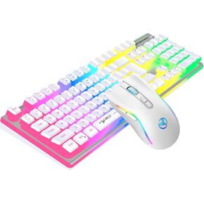 Wireless Gaming Keyboard and Mouse Combo, Ergonomic Computer Keyboard, Rechargeable RGB Backlit Gaming Keyboard with 4800 DPI Wireless Mouse for Windows/MacOS/Laptop (White)