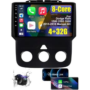 4+64G 8 Core Car Stereo for Dodge Ram 1500 2500 3500 2013 2014 2015 2016 2017 2018 Manual AC with Wireless Carplay Android Auto, 9‘’ HD Touchscreen Car Radio with Backup Camera Bluetooth AM/FM/RDS/SWC