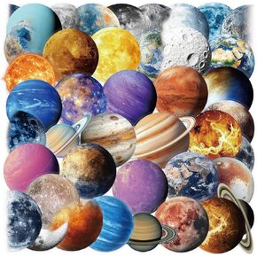50Pcs Planet Stickers Pack, Planet Solar System Stickers for Laptop Wall Luggage Water Bottle Planner Journal Scrapbooking, Waterproof Space Stickers for Kids Adults, Transparent PET Stickers