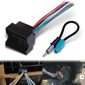 Stereo Wiring Harness with Fakra Antenna Adapter Compatible with BMW 3/5, Volkswagen 2004-2015, Audi 2002-2010, Mercedes-Benz 2007-2015, Aftermarket Radio CD Player Wire Cable Kit