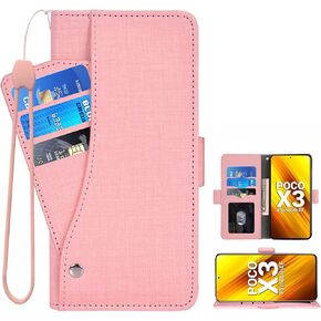 Asuwish Phone Case for Xiaomi Poco X3 Pro/PocoX3 NFC/Poco X3 Wallet Cover with Tempered Glass Screen Protector Flip Card Holder Slot Stand Cell Mi PocoX3NFC Pocco X 3 3X PocoX3Pro Women Men Pink