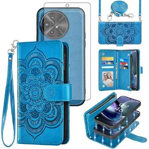 Asuwish Phone Case for TCL 50 XL 5G Zipper Wallet Magnetic Detachable Cell Cover with Tempered Glass Screen Protector Crossbody Lanyard Strap Mandala Flower Card Holder TCL50XL 50XL T702W Women Blue