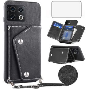 Asuwish Phone Case for OnePlus 10 Pro One Plus 10Pro 5G Wallet Cover with Screen Protector and Credit Card Holder Crossbody Strap Stand Leather Cell On 1Plus 1 + Plus10 1+ Pro Ten Women Black