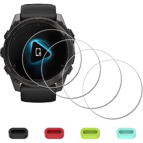 [4 Pack] Screen Protector for Garmin Fenix 8 AMOLED 51mm / Fenix 8 Solar 51mm Watch + Silicone Anti-dust Plugs Tempered Glass Anti-Scratch Bubble-Free