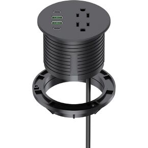 Recessed Power Grommet 3 inch with 65W USB C Ports 2 AC Outlets,Recessed Outlet Fast Charging Station,Desk Hole Grommet Outlets,Round Desktop Power Grommet Outlet for Office,Home,Nightstand (Black)