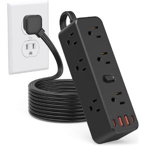 Power Strip Surge Protector, 6.5ft Flat Extension Cord with 9 Outlets 4 USB Ports (2 USB C), 1700J Surge Protection, 3-Sided Plug, Charging Station for Office, Home, Dorm, Black