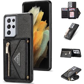 Wallet Case for Samsung Galaxy S24 Ultra 5G with Crossbody Shoulder Strap, Flip Purse PU Leather Zipper Pocket Card Slots Rugged Cell Stand Phone Cover for S24Ultra 24S S 24 24Ultra Black