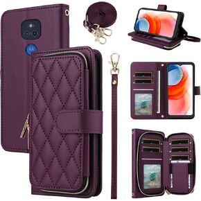 Argyle Wallet Case for Moto G Play 2021 with Wrist Strap Shoulder Strap, 9+ Card Slots Zipper Purse, Luxury PU Leather Stand Phone Cover for Motorola GPlay2021 6.5 XT2093DL XT2093-7 Deep Purple