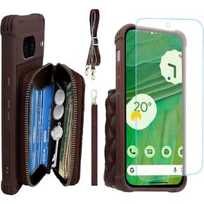 MONASAY Zipper Wallet Case Fit for Google Pixel 7, [Glass Screen Protector ][RFID Blocking] Flip Leather Handbag Phone Cover with Card Holder and Detachable Crossbody Shoulder Lanyard Strap, Burgundy