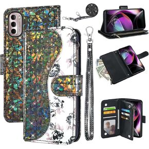 Floral Wallet Case for Moto G Stylus 2022 4G with Wrist Strap Shoulder Strap Flip Zipper Purse Card Holder,Stand Glitter Bling Cell Phone Cover for Motorola GStylus XT2211DL XT2211 Black