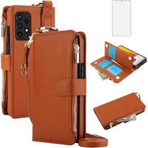 Asuwish Phone Case for Samsung Galaxy A52/A52S 5G Zipper Wallet with Tempered Glass Screen Protector Crossbody Strap Card Holder Stand Flip Cell Cover A 52 S 4G G5 52A S52 52S Women Girls Brown