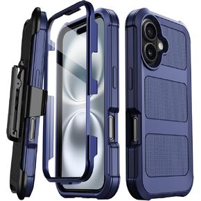for iPhone 16 Plus Case, [Built-in Screen Protector] Military Grade Drop Protection Cover Heavy Duty Rugged Shockproof Phone Case for iPhone 16 Plus with Kickstand & Belt Clip Holster (Blue)