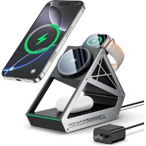 NANAMI CyberCharger Wireless Charging Station, Qi2 Certified 3 in 1 15W Magnetic Wireless Charger Stand for iPhone 16/15/14/13/12 Series, AirPods 4/3/Pro/Pro 2,[Certified] Apple Watch Charger