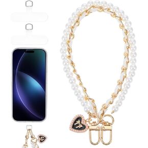 1pcs Pearl Phone Strap with 2pcs Tether Tabs, Pearl Phone Wrist Strap, Detachable Cellphone Lanyard with Tether Tab, Adjustable Phone Bracelet Strap, Hands-Free Phone Bracelet