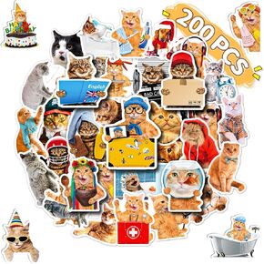 200 PCS Cat Stickers - Cute Animal Sticker for Journaling Laptop Scrapbook Water Bottles Guitar Suitcase Phone Snowboard Waterproof Vinyl Gifts for Women Girl Kids Adult Teens