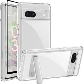 JGY Google Pixel 8 Case with Kickstand,Pixel 8 Clear Case with Metal Stand TPU Bumper Acrylic Back Kickstand Shockproof Rugged Cover with 1 Pack Pixel 8 Tempered Glass Screen Protector (Clear)
