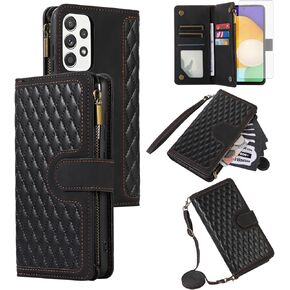 Asuwish Phone Case for Samsung Galaxy A52/A52S 5G Wallet Cover With Tempered Glass Screen Protector and Wrist Strap Flip Zipper Credit Card Holder Stand Cell A 52 S 4G G5 52A S52 52S Women Girls Black