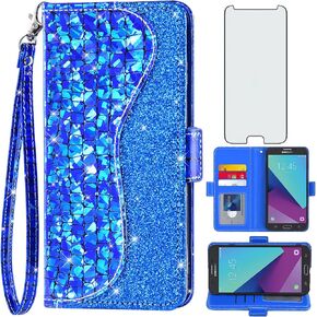 Phone Case for Samsung Galaxy J7 Prime 2017 J 7 Skypro Sky Pro J7V V S727VL Wallet Cover with Screen Protector and Flip Card Holder Bling Glitter Cell Glaxay Halo 7J Perx J7prime Women Girls Blue