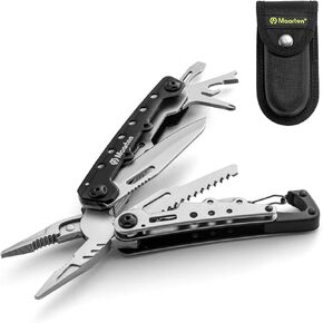 Maarten Lightweight Multitool Pliers, 11 in 1 Suspension Multi-Plier with Carabiner, Stainless Steel Portable Pocket Keychain Multi tool with Spring Pliers, Folding Saw, Bottle Opener and Sheath