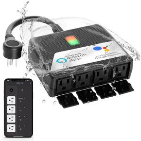 Smart Heavy Duty Outdoor Power Strip WiFi Plug Water-Resistant Socket, Electrical Power Extension Cord, Outlet Switch and Timer Works Remotely with Alexa, G Assistant (4 Sockets) Black