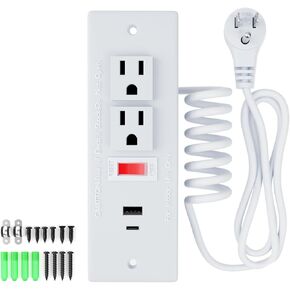 Drawer Outlet Kit, Recessed Furniture Power Strip, PD 20W Fast Charging Horizontal Outlet, Clutter-Free Drawer Socket with 2 USB(A & C) and 2 12 Amp AC Ports, 7.2 FT Power Cord, Spring Cable