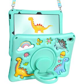 Boaretiu for iPad 9th/8th/7th Generation 10.2 Inch Case (2021/2020/2019) - Soft Silicone Cute Cartoon with Shoulder Strap & Rotating Stand 3D Kawaii for Women Girls Girly Boys Teens Cover, Dinosaur