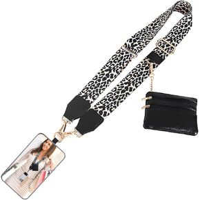 Clip and Go Strap for Phone with Wallet Crossbody, Waterproof Nylon Phone Strap with Zippered Pouch, Adjustable Phone Strap Crossbody Wrist Strap for All Phones Anti Theft Leopard