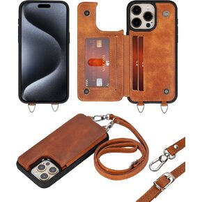 Bayelon Crossbody Case for iPhone 15 Pro Max, Full Grain Leather Crossbody Phone Case, iPhone Wallet Case, Card Holder, Phone Case with Strap, Phone Lanyard Crossbody, Gift for Women (Vintage Brown)
