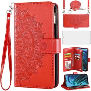 Asuwish Phone Case for TCL 30XE/30V/4X/20AX/20A/20R/Bremen 5G Wallet Cell Cover with Screen Protector Lanyard Wrist Strap Mandala Flower Zipper Card Holder TLC T601DL 30 XE XE5G V 20 AX R A 6.67 Red