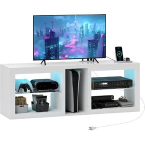 HOMCOM Modern TV Stand with LED Lights and Power Outlets for 55 Inch TV, 51" High Gloss Entertainment Center with Adjustable Glass Shelves, TV Console for Bedroom, Living Room, White