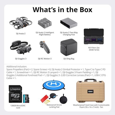 DJI Avata 2 Fly More More Combo (ثلاث بطاريات) مع مجموعة مرشحات DJI Avata 2 ND (ND8/16/32） ، بطاقة ذاكرة MicroSD 128 جيجابايت ، وسادة هبوط بدون طيار على الوجهين ، وحزمة علبة صلبة مقلوبة (5 عناصر) in Kuwait