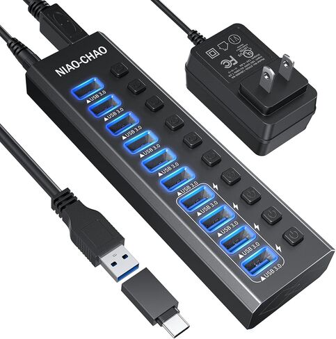 Powered USB Hub 3.0 ، Niao-chao 10-Port USB 3.0 Hub Aluminy Aluminium Charging USB 3.0 Hub USB متوافق مع جميع أجهزة أجهزة الكمبيوتر المحمولة المحمولة. in Kuwait