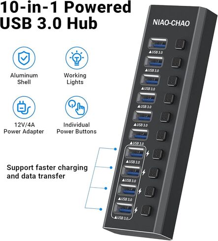 Powered USB Hub 3.0 ، Niao-chao 10-Port USB 3.0 Hub Aluminy Aluminium Charging USB 3.0 Hub USB متوافق مع جميع أجهزة أجهزة الكمبيوتر المحمولة المحمولة. in Kuwait