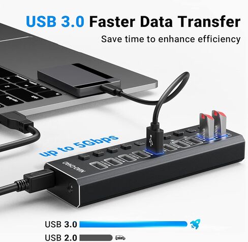 Powered USB Hub 3.0 ، Niao-chao 10-Port USB 3.0 Hub Aluminy Aluminium Charging USB 3.0 Hub USB متوافق مع جميع أجهزة أجهزة الكمبيوتر المحمولة المحمولة. in Kuwait
