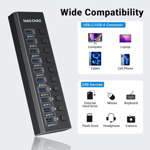 Powered USB Hub 3.0 ، Niao-chao 10-Port USB 3.0 Hub Aluminy Aluminium Charging USB 3.0 Hub USB متوافق مع جميع أجهزة أجهزة الكمبيوتر المحمولة المحمولة. in Kuwait