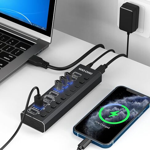 Powered USB Hub 3.0 ، Niao-chao 10-Port USB 3.0 Hub Aluminy Aluminium Charging USB 3.0 Hub USB متوافق مع جميع أجهزة أجهزة الكمبيوتر المحمولة المحمولة. in Kuwait