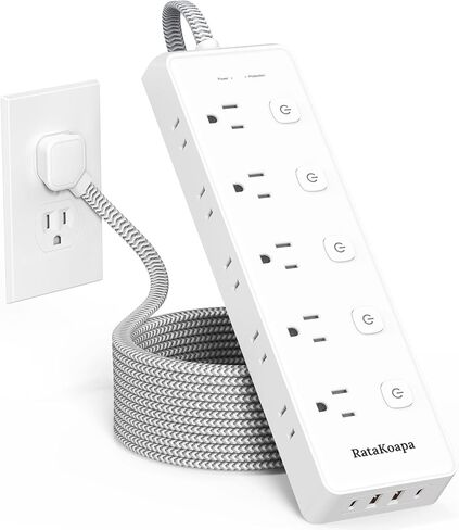 قطاع طاقة الحامي للرقابة 10 أقدام سلك - 10 منافذ التيار المتردد 4 USB (2 USB C) ، سلك تمديد المكونات المسطحة مع مفاتيح فردية ، جدار ، محطة شحن المكتب للمكتب المنزلي ، 1050J in Saudi Arabia