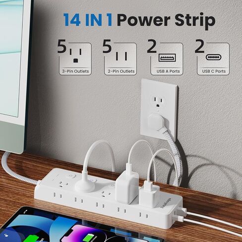 قطاع طاقة الحامي للرقابة 10 أقدام سلك - 10 منافذ التيار المتردد 4 USB (2 USB C) ، سلك تمديد المكونات المسطحة مع مفاتيح فردية ، جدار ، محطة شحن المكتب للمكتب المنزلي ، 1050J in Saudi Arabia