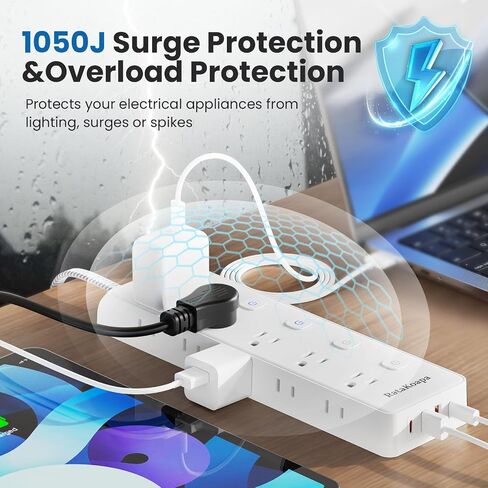 قطاع طاقة الحامي للرقابة 10 أقدام سلك - 10 منافذ التيار المتردد 4 USB (2 USB C) ، سلك تمديد المكونات المسطحة مع مفاتيح فردية ، جدار ، محطة شحن المكتب للمكتب المنزلي ، 1050J in Saudi Arabia